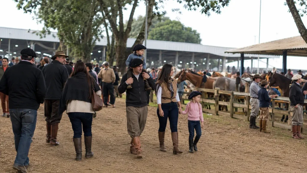Visitantes, cavalos e áreas de exposição em uma feira agropecuária no Rio Grande do Sul, representando a Expointer 2026.